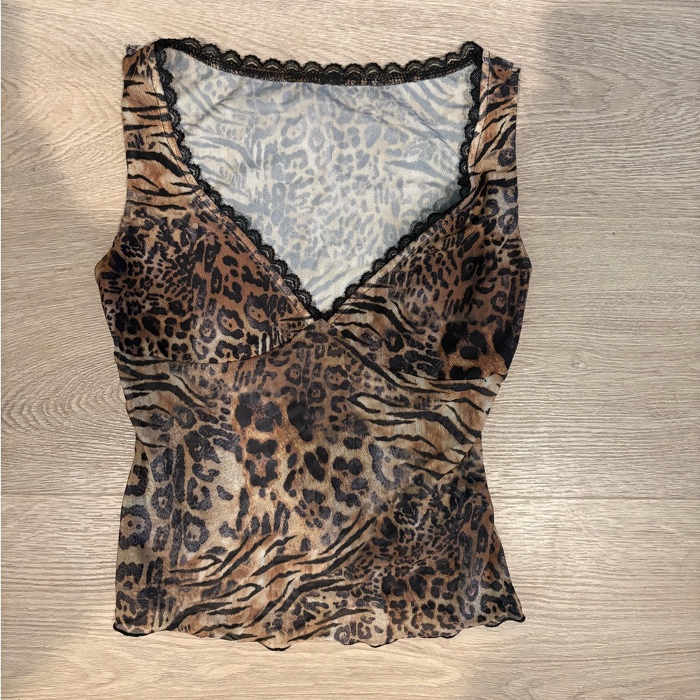 Leopard Print Lace Trim Women's Top